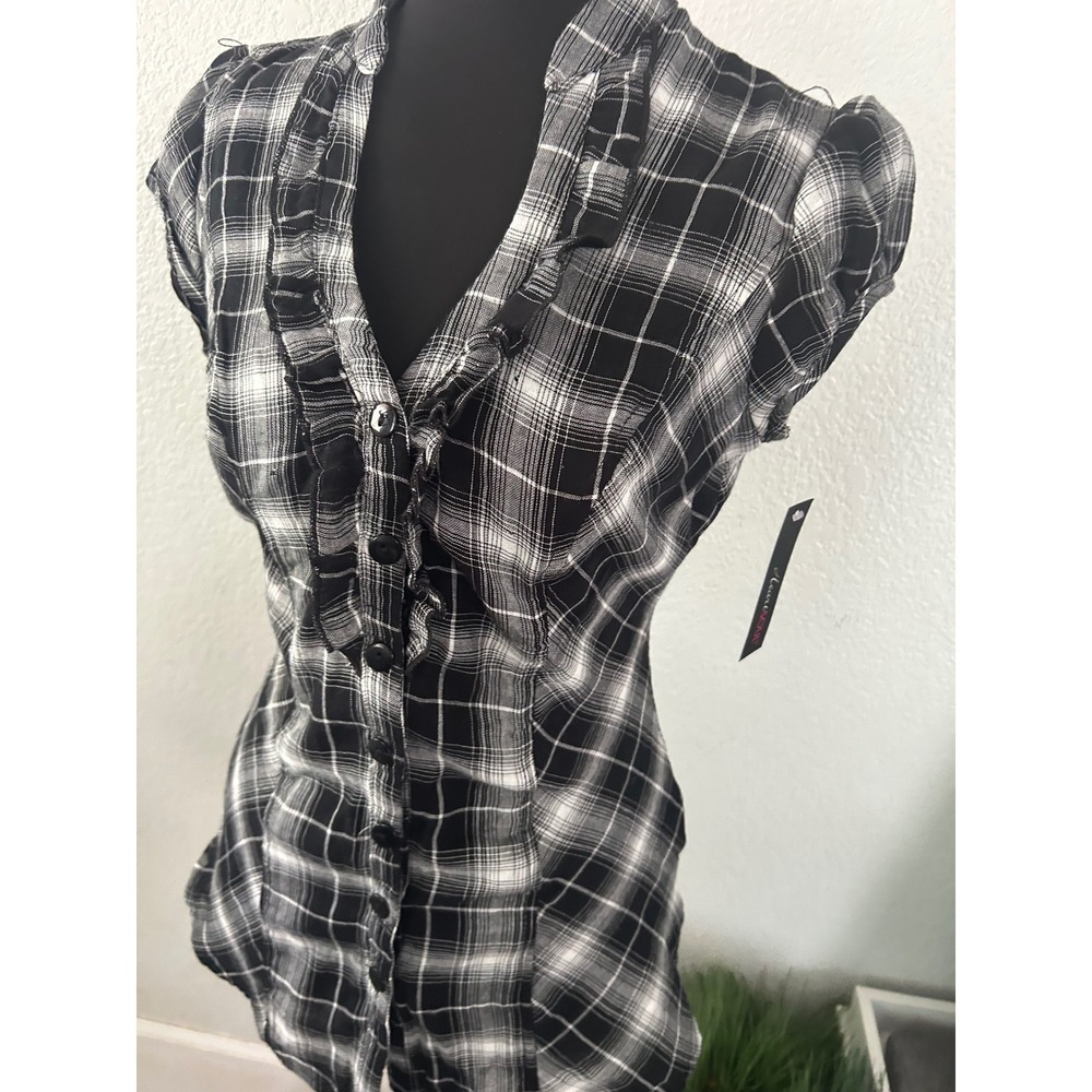 Deadstock HeartSOUL Black White Plaid Ruffle V-Neck Button Up Short Sleeve Sm